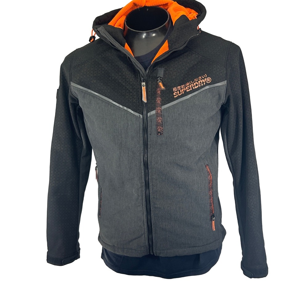 Superdry Windtrekker Jacket Mens L Black Gray Orange Paralex Softshell Hooded
